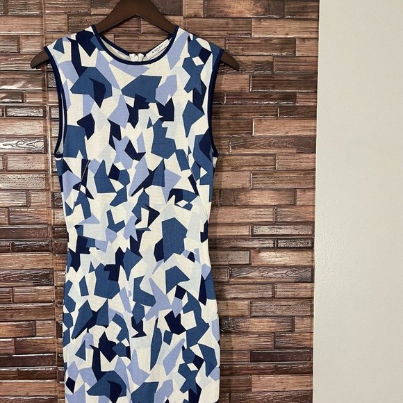 GIVENCHY Geometric Pencil Dress Blue Navy White Knit Stretch Size M Sleeveless - Picture 3 of 11